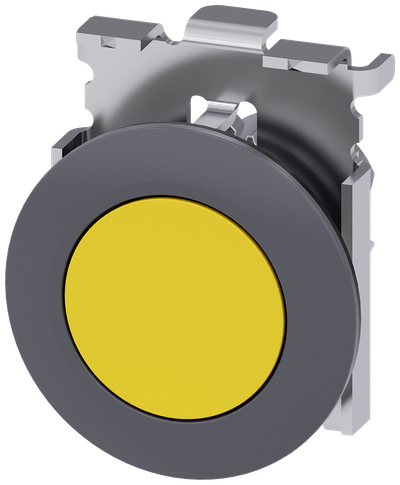 Siemens SIRIUS Pushbutton, 30 mm, round, metal, matte, yellow, front ring for flush installation, latching, Push-to-release mechanism
