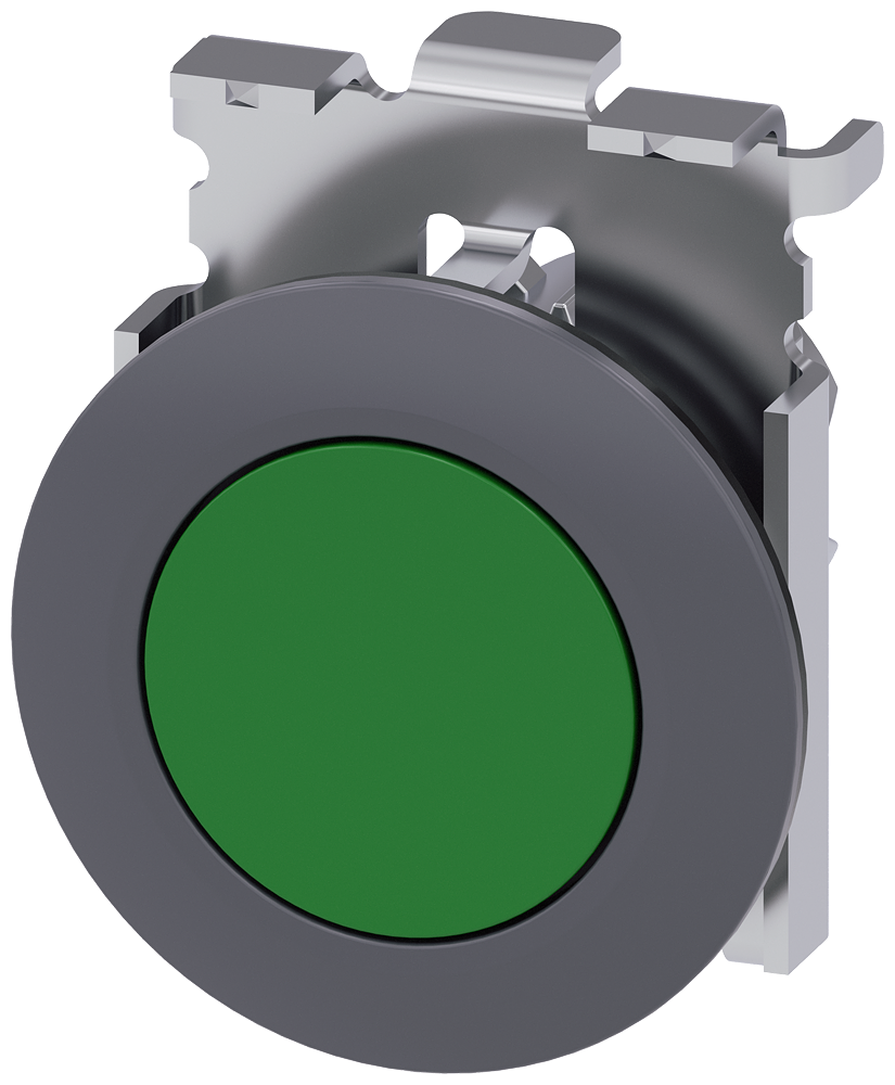 Siemens SIRIUS Pushbutton, 30 mm, round, metal, matte, green, front ring for flush installation, latching, Push-to-release mechanism (3SU1060-0JA40-0AA0)