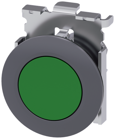 Siemens SIRIUS Pushbutton, 30 mm, round, metal, matte, green, front ring for flush installation, momentary contact type