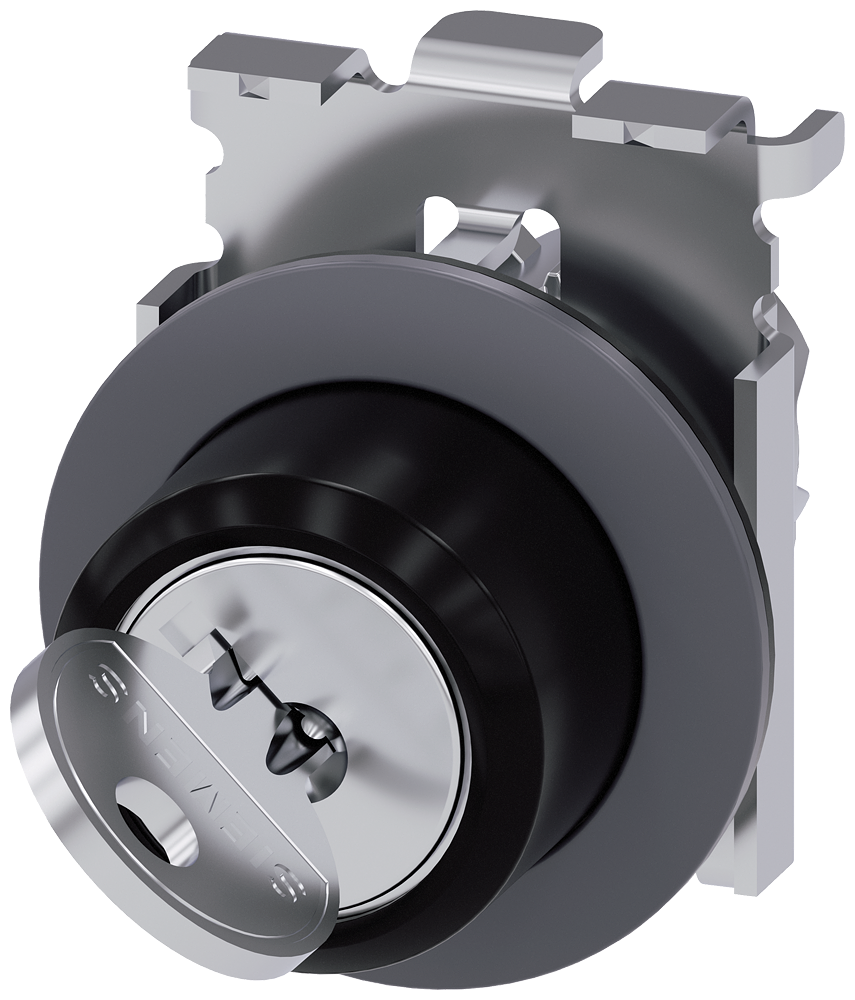 Siemens SIRIUS ACT RONIS key-operated switch, 30 mm, round, metal, matte, front ring for flush installation, lock number SB30, with 2 keys, 2 switch positions O-I, latching, actuating angle 90°, 10:30H/13:30H, key removal I, possible special locks: SB31, 421, 455 (3SU1060-4LF21-0AA0)