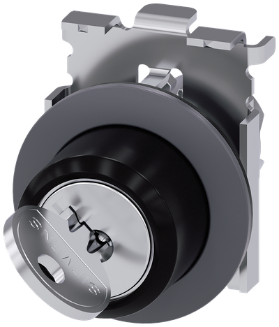 Siemens SIRIUS ACT RONIS key-operated switch, 30 mm, round, metal, matte, front ring for flush installation, lock number SB30, with 2 keys, 2 switch positions O-I, latching, actuating angle 90°, 10:30H/13:30H, key removal I, possible special locks: SB31, 421, 455