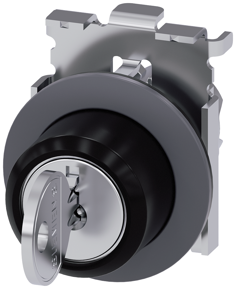 Siemens SIRIUS ACT RONIS key-operated switch, 30 mm, round, metal, matte, front ring for flush installation, lock number SB30, with 2 keys, 3 switch positions I-O-II, latching, actuating angle 2X45°, 10:30H/12H/13:30H, Key removal I+O+II, possible special locks: SB31, 421, 455 (3SU1060-4LL11-0AA0)