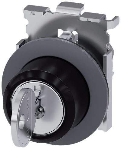 Siemens SIRIUS ACT RONIS key-operated switch, 30 mm, round, metal, matte, front ring for flush installation, lock number SB30, with 2 keys, 3 switch positions I-O-II, latching, actuating angle 2X45°, 10:30H/12H/13:30H, Key removal I+O+II, possible special locks: SB31, 421, 455