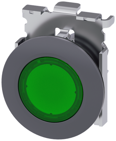 Siemens SIRIUS Illuminated pushbutton, 30 mm, round, metal, matte, green, front ring for flush installation, momentary contact type