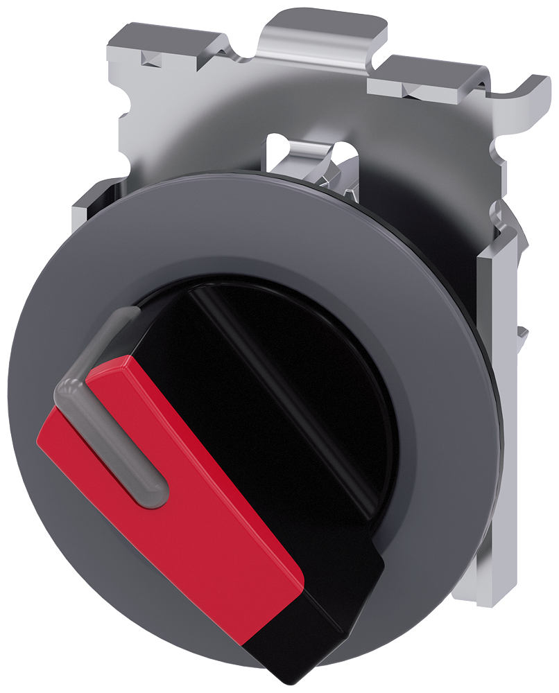 Siemens SIRIUS Selector switch, illuminable, 30 mm, round, metal, matte, red, selector switch, short, front ring for flush installation, 2 switch positions O<I, momentary contact type, Actuating angle 45°, 10:30H/12H (3SU1062-2DC20-0AA0)