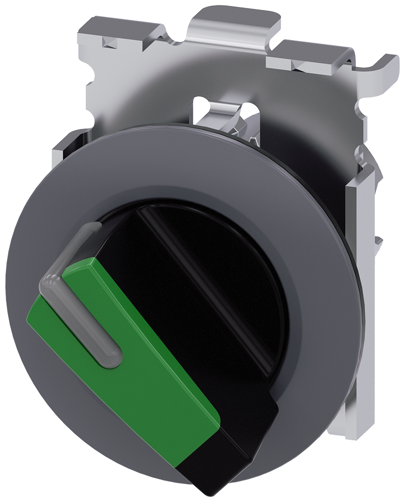 Siemens SIRIUS Selector switch, illuminable, 30 mm, round, metal, matte, green, selector switch, short, front ring for flush installation, 2 switch positions O<I, momentary contact type, Actuating angle 45°, 10:30H/12H (3SU1062-2DC40-0AA0)