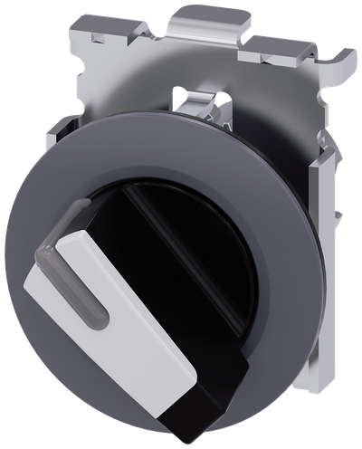 Siemens SIRIUS Selector switch, illuminable, 30 mm, round, metal, matte, white, selector switch, short, front ring for flush installation, 2 switch positions O<I, momentary contact type, Actuating angle 45°, 10:30H/12H