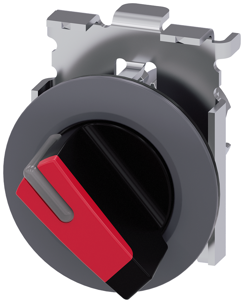 Siemens SIRIUS Selector switch, illuminable, 30 mm, round, metal, matte, red, selector switch, short, front ring for flush installation, 2 switch positions O-I, latching, actuating angle 90°, 10:30H/13:30H (3SU1062-2DF20-0AA0)