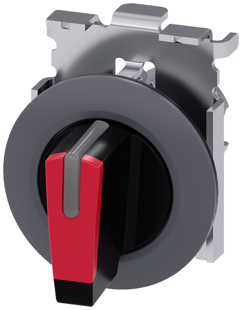 Siemens SIRIUS Selector switch, illuminable, 30 mm, round, metal, matte, red, selector switch, short, front ring for flush installation, 3 switch positions I>O<II, momentary contact type, actuating angle 2X45°, 10:30H/12H/13:30H (3SU1062-2DM20-0AA0)
