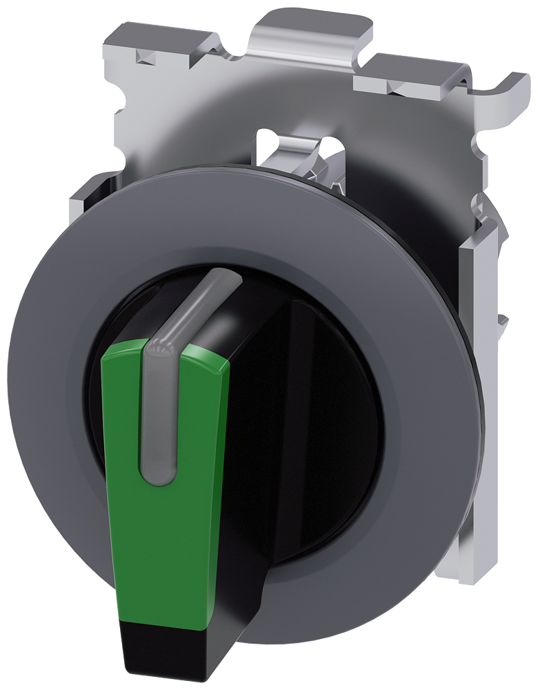 Siemens SIRIUS ACT Selector switch, illuminable, 30 mm, round, metal, matte, green, selector switch, short, front ring for flush installation, 3 switch positions I>O<II, momentary contact type, actuating angle 2X45°, 10:30H/12H/13:30H (3SU1062-2DM40-0AA0)