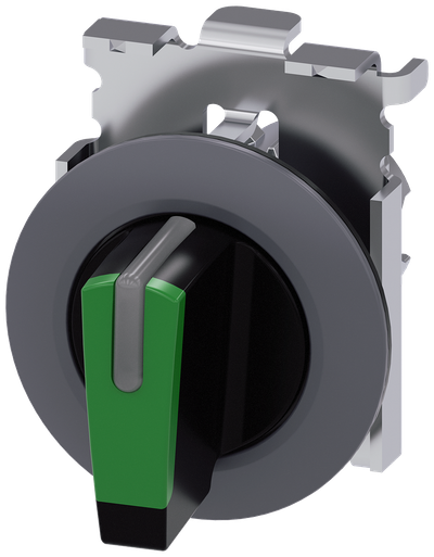 Siemens SIRIUS ACT Selector switch, illuminable, 30 mm, round, metal, matte, green, selector switch, short, front ring for flush installation, 3 switch positions I>O<II, momentary contact type, actuating angle 2X45°, 10:30H/12H/13:30H