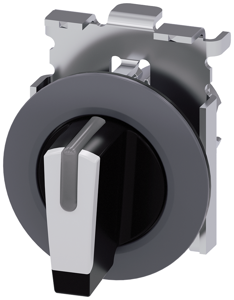 Siemens SIRIUS Selector switch, illuminable, 30 mm, round, metal, matte, white, selector switch, short, front ring for flush installation, 3 switch positions I>O<II, momentary contact type, actuating angle 2X45°, 10:30H/12H/13:30H (3SU1062-2DM60-0AA0)