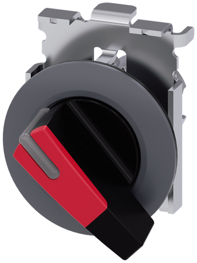 Siemens SIRIUS Selector switch, illuminable, 30 mm, round, metal, matte, red, selector switch, long, front ring for flush installation, 2 switch positions O<I, momentary contact type, Actuating angle 45°, 10:30H/12H