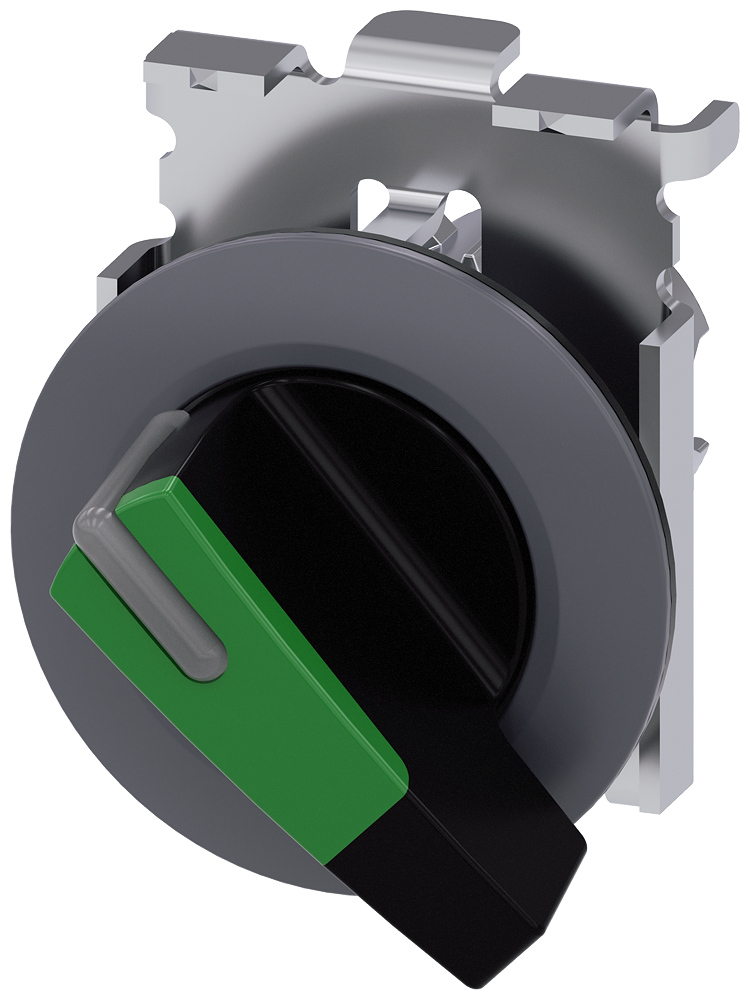 Siemens SIRIUS Selector switch, illuminable, 30 mm, round, metal, matte, green, selector switch, long, front ring for flush installation, 2 switch positions O<I, momentary contact type, Actuating angle 45°, 10:30H/12H (3SU1062-2EC40-0AA0)
