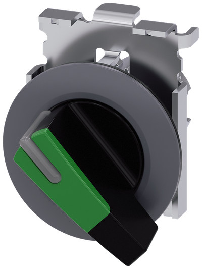 Siemens SIRIUS Selector switch, illuminable, 30 mm, round, metal, matte, green, selector switch, long, front ring for flush installation, 2 switch positions O<I, momentary contact type, Actuating angle 45°, 10:30H/12H