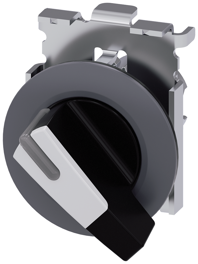 Siemens SIRIUS Selector switch, illuminable, 30 mm, round, metal, matte, white, selector switch, long, front ring for flush installation, 2 switch positions O<I, momentary contact type, Actuating angle 45°, 10:30H/12H (3SU1062-2EC60-0AA0)