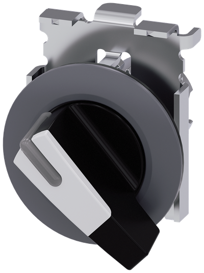 Siemens SIRIUS Selector switch, illuminable, 30 mm, round, metal, matte, white, selector switch, long, front ring for flush installation, 2 switch positions O<I, momentary contact type, Actuating angle 45°, 10:30H/12H