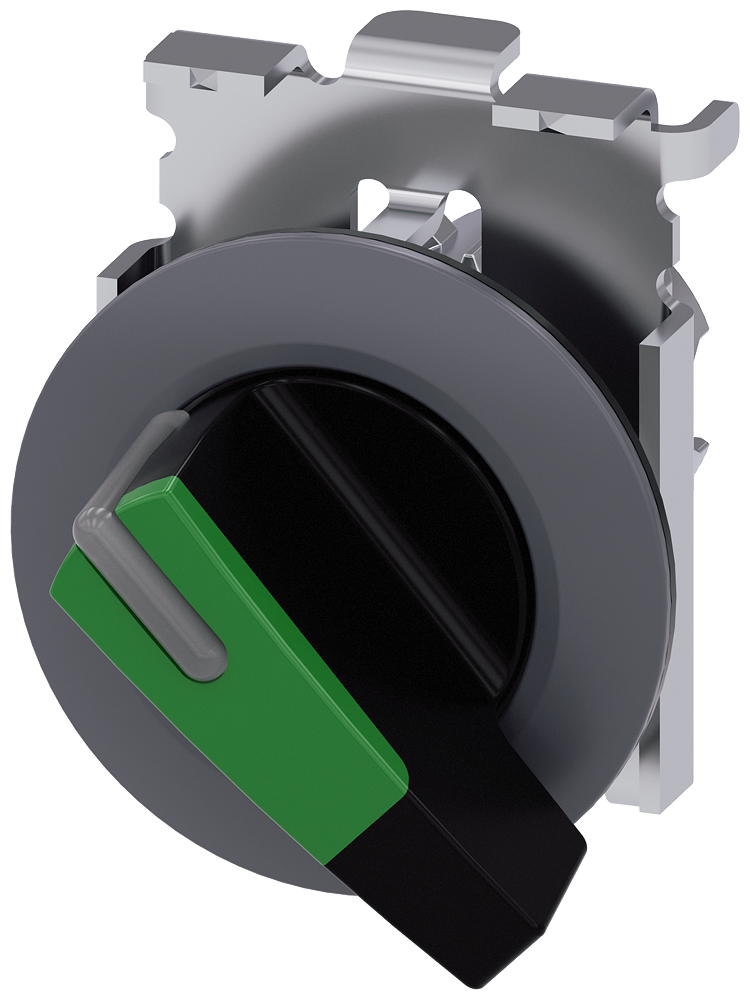 Siemens SIRIUS Selector switch, illuminable, 30 mm, round, metal, matte, green, selector switch, long, front ring for flush installation, 2 switch positions O-I, latching, actuating angle 90°, 10:30H/13:30H (3SU1062-2EF40-0AA0)