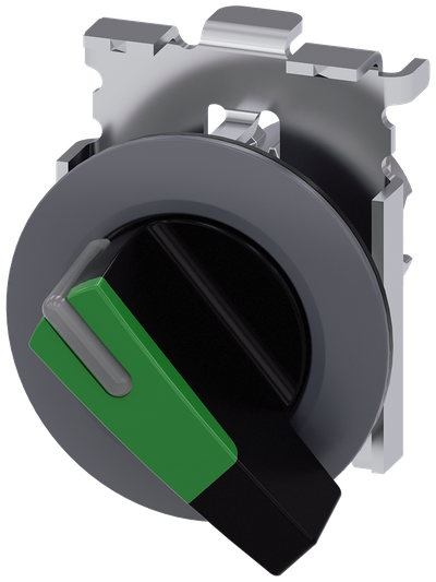 Siemens SIRIUS Selector switch, illuminable, 30 mm, round, metal, matte, green, selector switch, long, front ring for flush installation, 2 switch positions O-I, latching, actuating angle 90°, 10:30H/13:30H