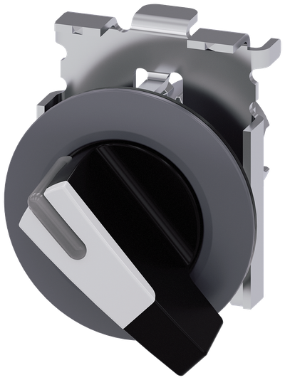 Siemens SIRIUS Selector switch, illuminable, 30 mm, round, metal, matte, white, selector switch, long, front ring for flush installation, 2 switch positions O-I, latching, actuating angle 90°, 10:30H/13:30H
