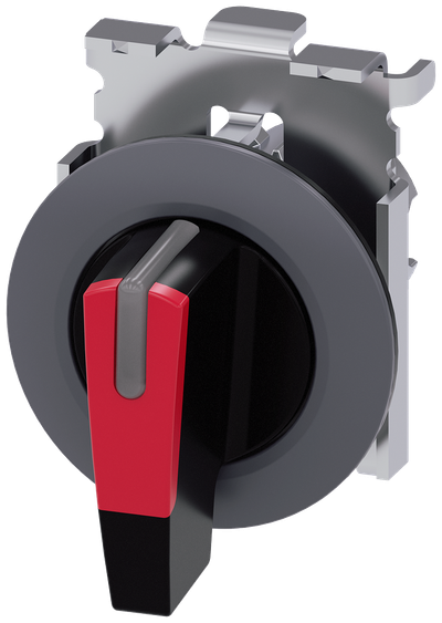 Siemens SIRIUS Selector switch, illuminable, 30 mm, round, metal, matte, red, selector switch, long, front ring for flush installation, 3 switch positions I>O<II, momentary contact type, actuating angle 2X45°, 10:30H/12H/13:30H