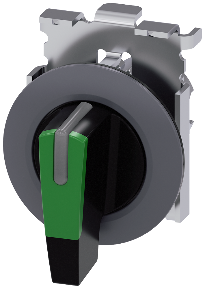 Siemens SIRIUS Selector switch, illuminable, 30 mm, round, metal, matt, green, knob, long, front ring for flush installation, 3 switch positions I>O<II, momentary contact type, actuating angle 2X45°, 10:30H/12H/13:30H (3SU1062-2EM40-0AA0)