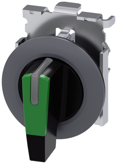 Siemens SIRIUS Selector switch, illuminable, 30 mm, round, metal, matt, green, knob, long, front ring for flush installation, 3 switch positions I>O<II, momentary contact type, actuating angle 2X45°, 10:30H/12H/13:30H