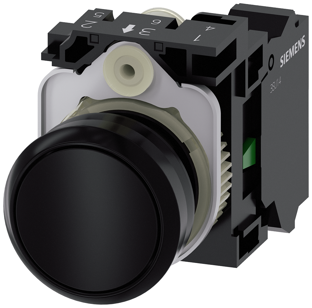 Siemens SIRIUS ACT Pushbutton, 22 mm, round, plastic, black, pushbutton, flat, momentary contact type, with holder 1 NO, Spring-type terminal (3SU1100-0AB10-3BA0)