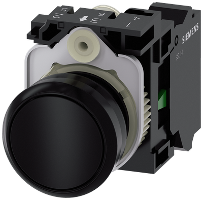 Siemens SIRIUS ACT Pushbutton, 22 mm, round, plastic, black, pushbutton, flat, momentary contact type, with holder 1 NO, Spring-type terminal