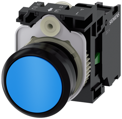 Siemens SIRIUS Pushbutton, 22 mm, round, plastic, blue, pushbutton, flat, momentary contact type, with holder 1 NO, screw terminal