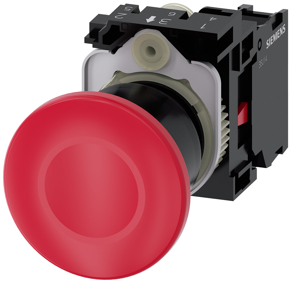 Siemens SIRIUS ACT Mushroom pushbutton, 22 mm, round, plastic, red, 40 mm, latching, pull-to-unlatch mechanism, with holder, 1 NC, screw terminal (3SU1100-1BA20-1CA0)