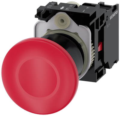 Siemens SIRIUS ACT Mushroom pushbutton, 22 mm, round, plastic, red, 40 mm, latching, pull-to-unlatch mechanism, with holder, 1 NC, screw terminal