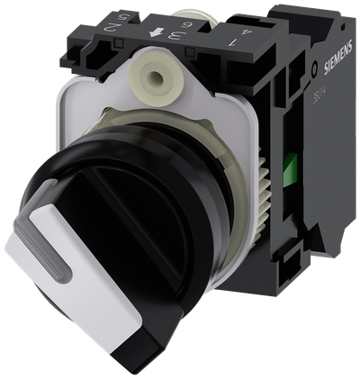 Siemens SIRIUS ACT Selector switch, illuminable, 22 mm, round, plastic, white, selector switch, short, 2 switch positions O-I, latching, 10:30H/13:30H, with holder, 1 NO, Spring-type terminal