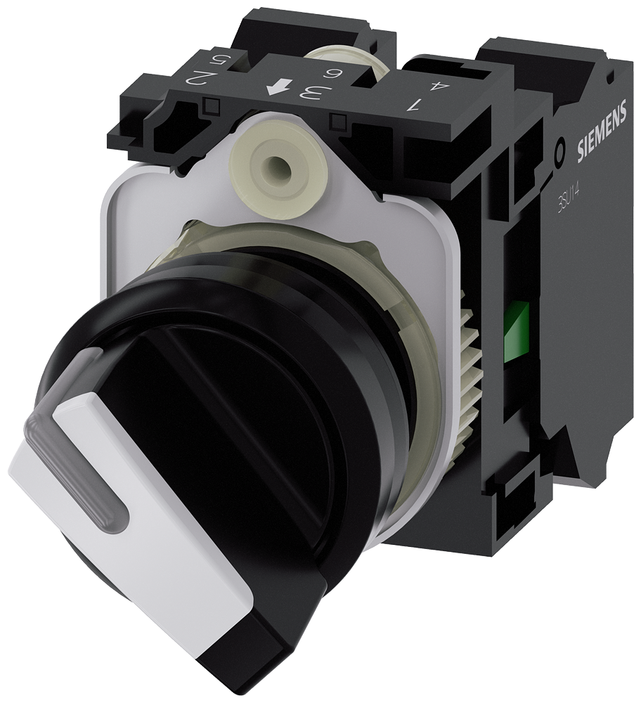 Siemens SIRIUS ACT Selector switch, illuminable, 22 mm, round, plastic, white, selector switch, short, 2 switch positions O-I, latching, 10:30H/13:30H, with holder, 1 NO, 1 NC, Spring-type terminal (3SU1100-2BF60-3MA0)