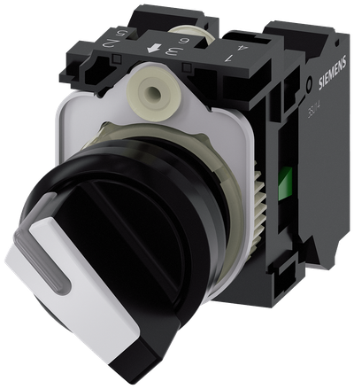 Siemens SIRIUS ACT Selector switch, illuminable, 22 mm, round, plastic, white, selector switch, short, 2 switch positions O-I, latching, 10:30H/13:30H, with holder, 1 NO, 1 NC, Spring-type terminal