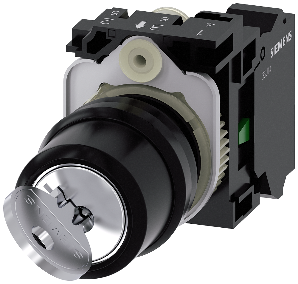 Siemens SIRIUS ACT RONIS key-operated switch, 22 mm, round, plastic, lock number SB30, with 2 keys, 2 switch positions O-I, latching, 10:30H/13:30H, key removal O+I, with holder, 1 NO, spring-type terminal, possible special locks: SB31, 421, 455 (3SU1100-4BF11-3BA0)