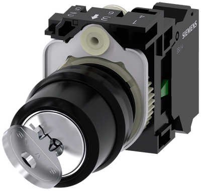 Siemens SIRIUS ACT RONIS key-operated switch, 22 mm, round, plastic, lock number SB30, with 2 keys, 2 switch positions O-I, latching, 10:30H/13:30H, key removal O+I, with holder, 1 NO, spring-type terminal, possible special locks: SB31, 421, 455