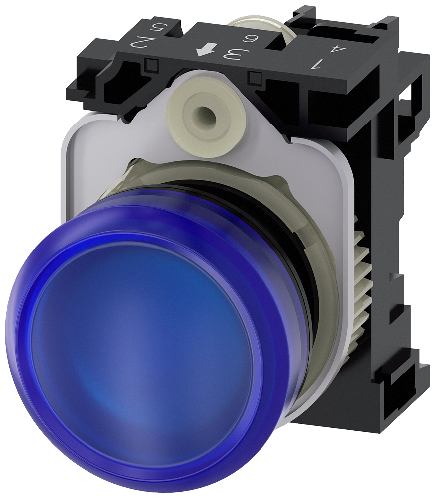 Siemens SIRIUS Indicator light, 22 mm, round, plastic, blue, lens, smooth, with holder, LED module, with integrated LED 24 V AC/DC, screw terminal (3SU1102-6AA50-1AA0)