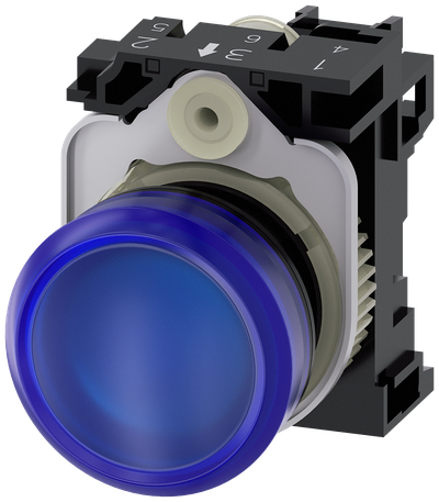 Siemens SIRIUS Indicator light, 22 mm, round, plastic, blue, lens, smooth, with holder, LED module, with integrated LED 24 V AC/DC, screw terminal