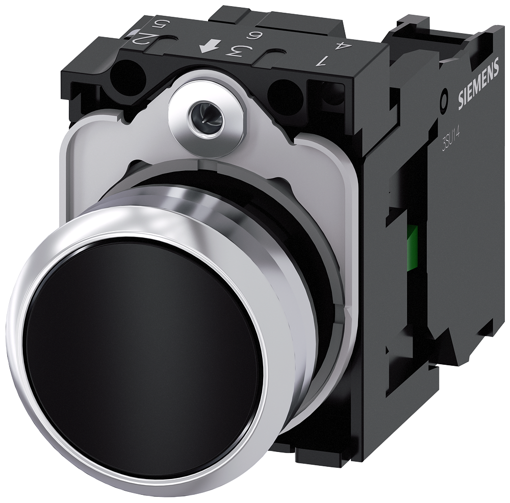Siemens SIRIUS Pushbutton, 22 mm, round, metal, shiny, black, pushbutton, flat, momentary contact type, with holder, 1 NO, screw terminal (3SU1150-0AB10-1BA0)