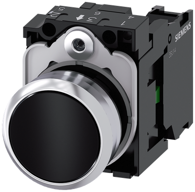 Siemens SIRIUS Pushbutton, 22 mm, round, metal, shiny, black, pushbutton, flat, momentary contact type, with holder, 1 NO, screw terminal