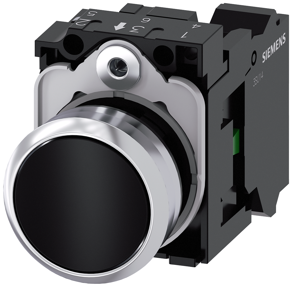 Siemens SIRIUS Pushbutton, 22 mm, round, metal, shiny, black, pushbutton, flat, momentary contact type, 1 NO, Spring-type terminal (3SU1150-0AB10-3BA0)