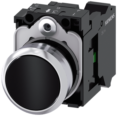 Siemens SIRIUS Pushbutton, 22 mm, round, metal, shiny, black, pushbutton, flat, momentary contact type, 1 NO, Spring-type terminal