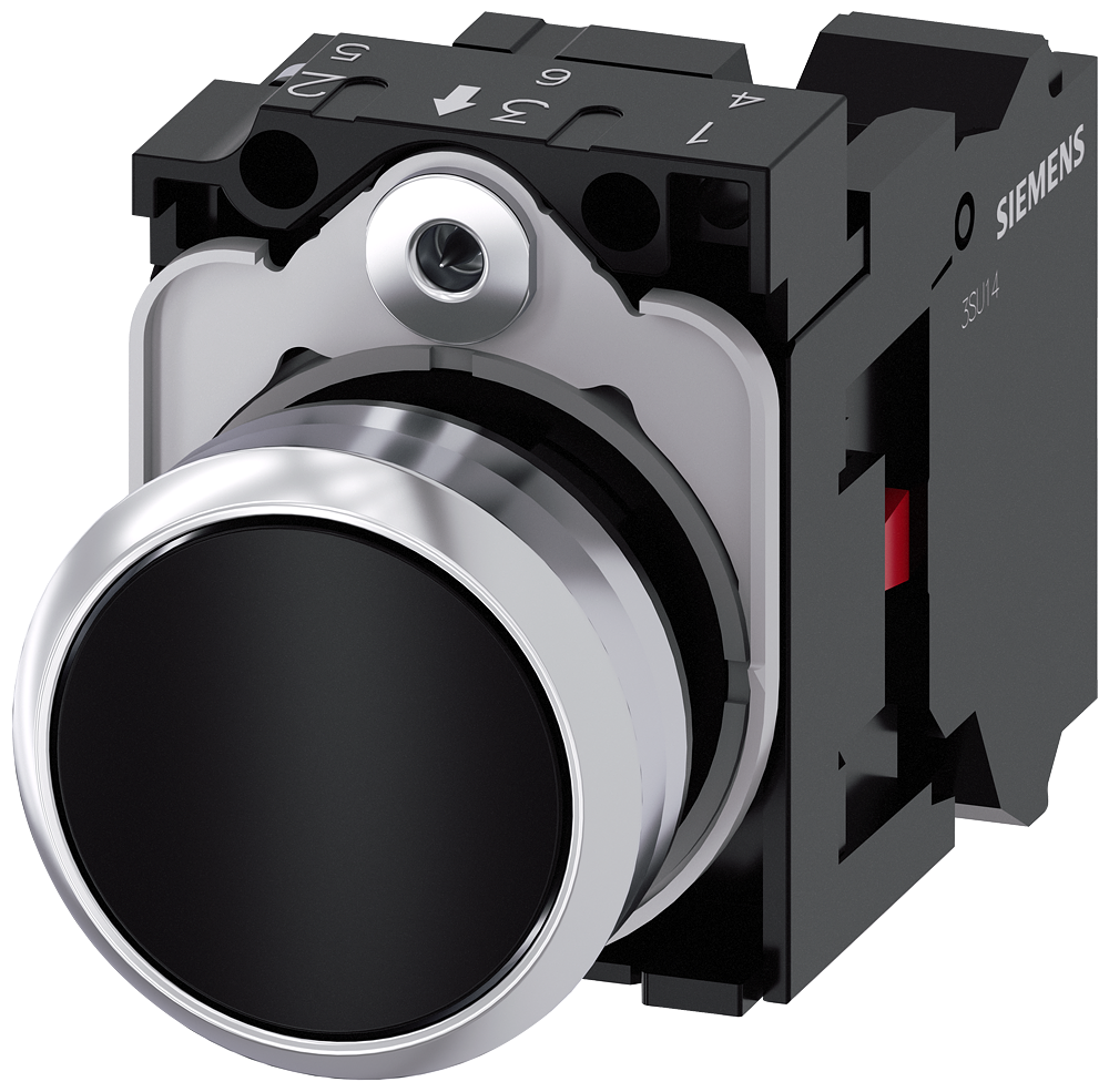 Siemens SIRIUS Pushbutton, 22 mm, round, metal, shiny, black, pushbutton, flat, momentary contact type, 1 NC, Spring-type terminal (3SU1150-0AB10-3CA0)
