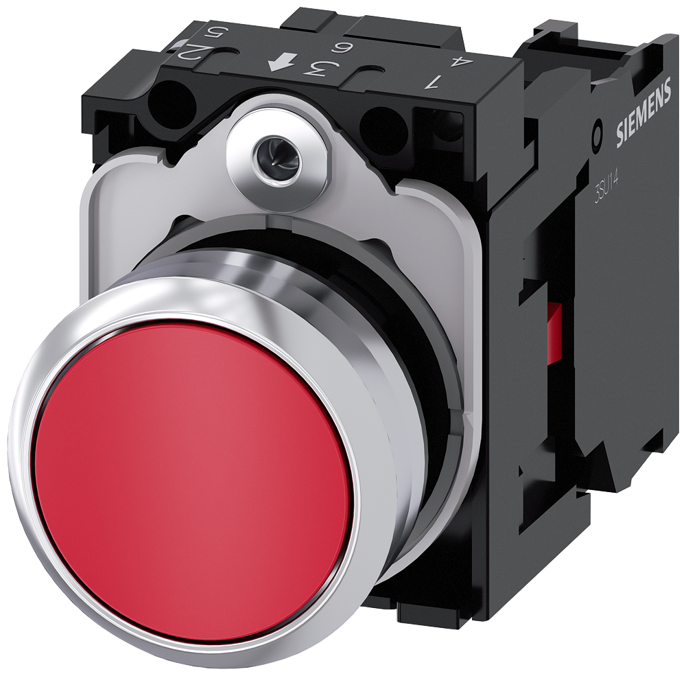 Siemens SIRIUS ACT Pushbutton, 22 mm, round, metal, shiny, red, pushbutton, flat, momentary contact type, with holder, 1 NC, screw terminal (3SU1150-0AB20-1CA0)