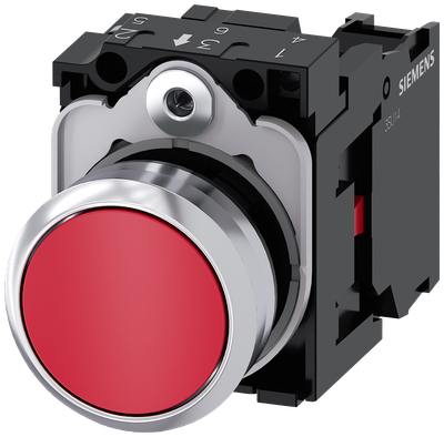 Siemens SIRIUS ACT Pushbutton, 22 mm, round, metal, shiny, red, pushbutton, flat, momentary contact type, with holder, 1 NC, screw terminal