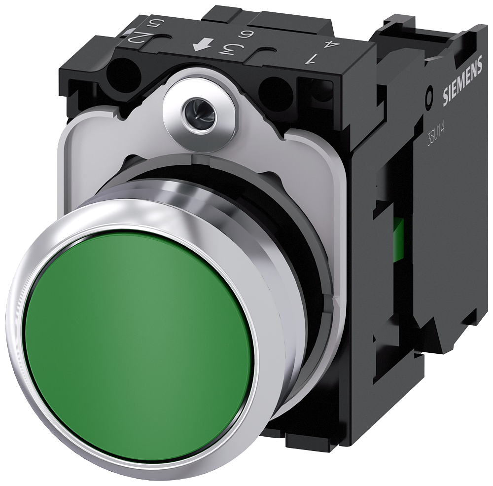 Siemens SIRIUS Pushbutton, 22 mm, round, metal, shiny, green, pushbutton, flat, momentary contact type, 1 NO, screw terminal (3SU1150-0AB40-1BA0)
