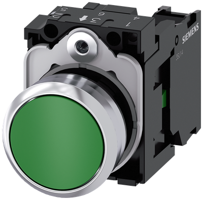 Siemens SIRIUS Pushbutton, 22 mm, round, metal, shiny, green, pushbutton, flat, momentary contact type, 1 NO, screw terminal