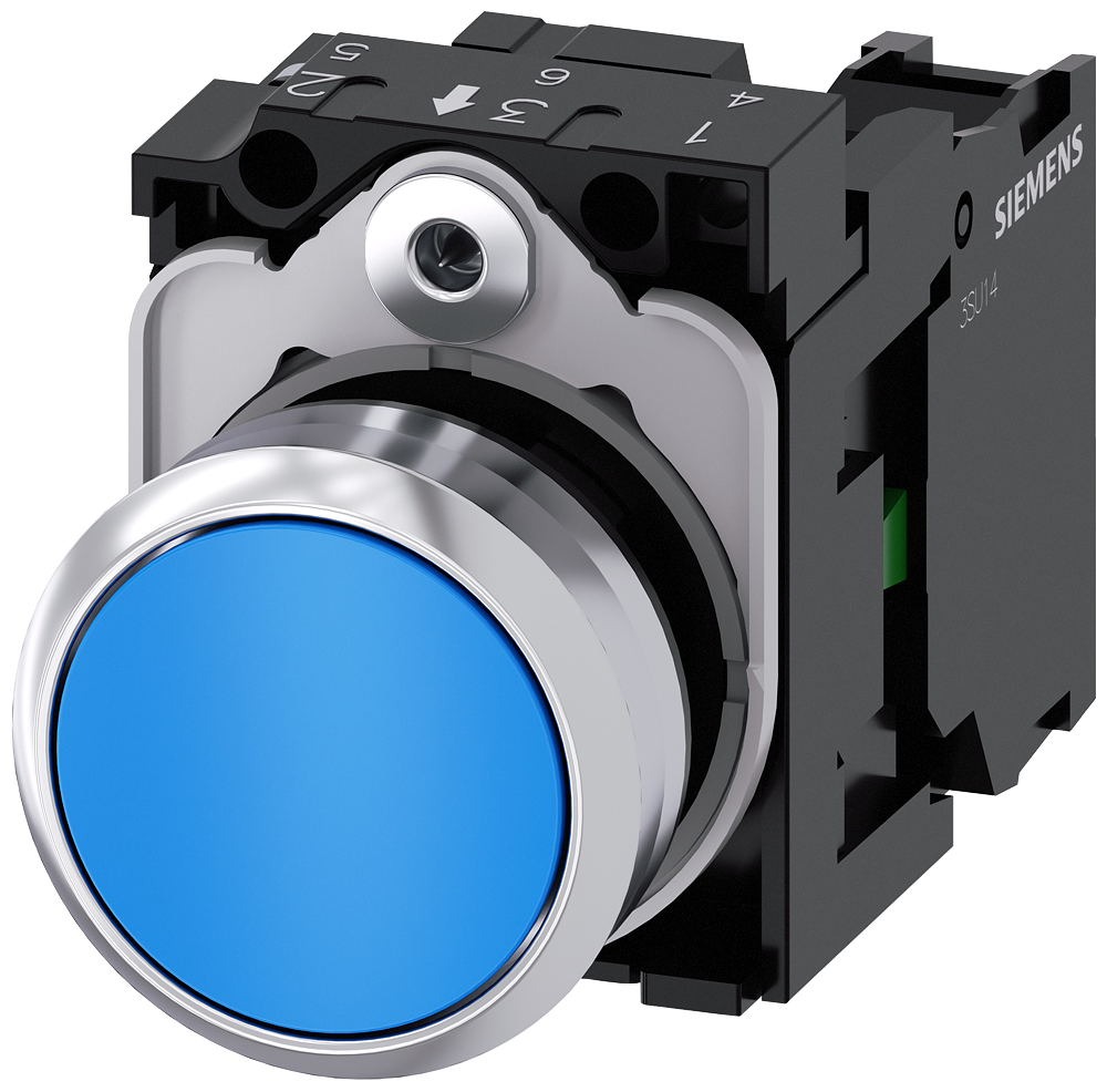 Siemens SIRIUS ACT Pushbutton, 22 mm, round, metal, shiny, blue, pushbutton, flat, momentary contact type, 1 NO, screw terminal (3SU1150-0AB50-1BA0)