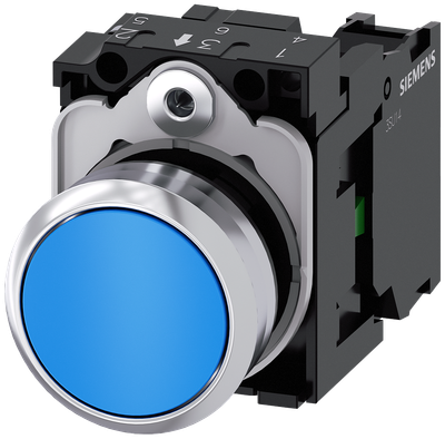 Siemens SIRIUS ACT Pushbutton, 22 mm, round, metal, shiny, blue, pushbutton, flat, momentary contact type, 1 NO, screw terminal